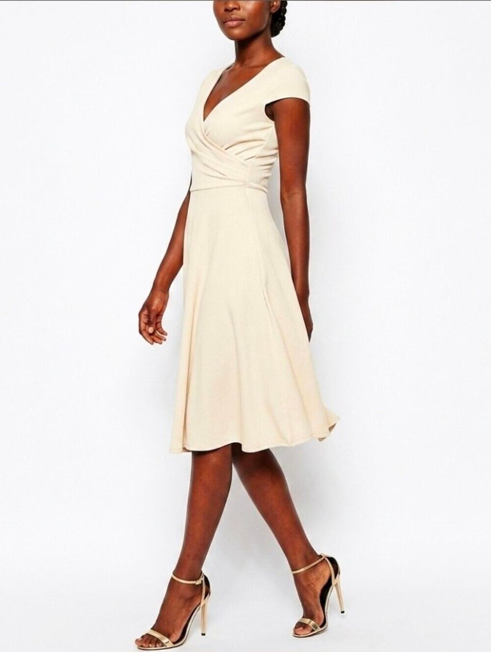 ASOS Cream V-Neck Ponte Midi Skater Dress